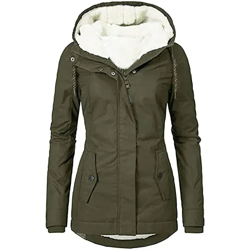 2023 Hooded Women’s Splice Zipper Coats – Loose Casual Parkas with Pockets, Regular Fit, Thick Full Sleeve Warm Solid Jackets for Autumn/Winter