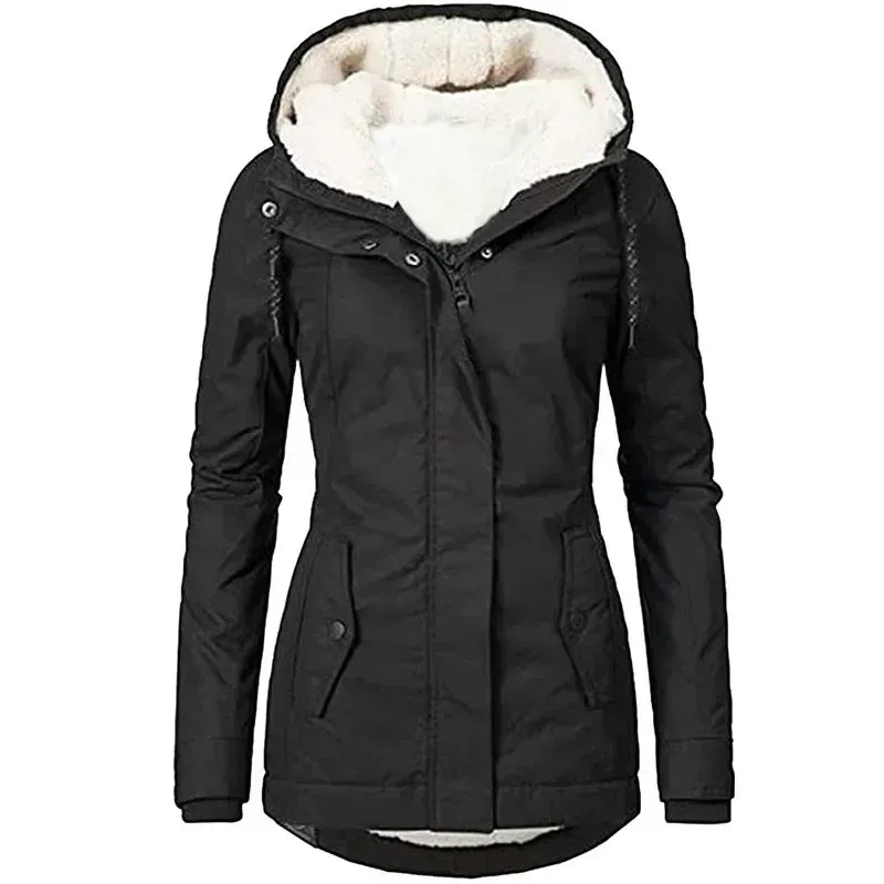 2023 Hooded Women’s Splice Zipper Coats – Loose Casual Parkas with Pockets, Regular Fit, Thick Full Sleeve Warm Solid Jackets for Autumn/Winter