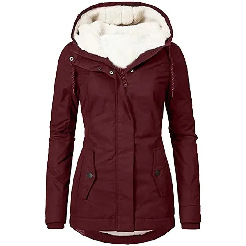 2023 Hooded Women’s Splice Zipper Coats – Loose Casual Parkas with Pockets, Regular Fit, Thick Full Sleeve Warm Solid Jackets for Autumn/Winter