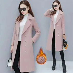 2023 Women’s Double-Breasted Woolen Coat – Velvet, Spring and Autumn Fashion Woolen Coat with Suit Collar, Thick Trench Style