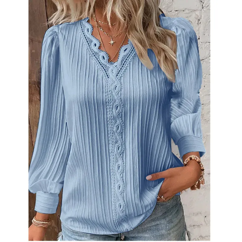 Autumn New Women Shirt Fashion Women Long Sleeve V-Neck Casual Blouse Solid Color Lace Splice Elegant Blouse Tops