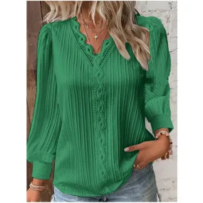 Autumn New Women Shirt Fashion Women Long Sleeve V-Neck Casual Blouse Solid Color Lace Splice Elegant Blouse Tops