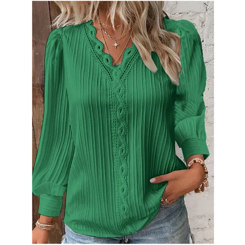 Autumn New Women Shirt Fashion Women Long Sleeve V-Neck Casual Blouse Solid Color Lace Splice Elegant Blouse Tops