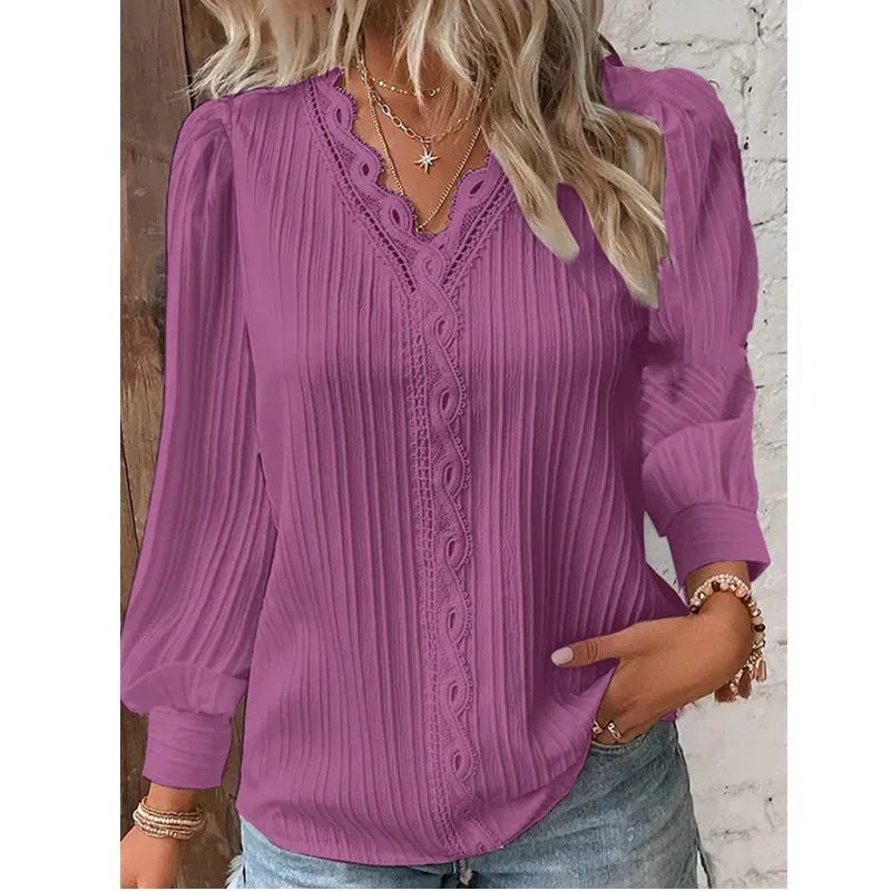 Autumn New Women Shirt Fashion Women Long Sleeve V-Neck Casual Blouse Solid Color Lace Splice Elegant Blouse Tops