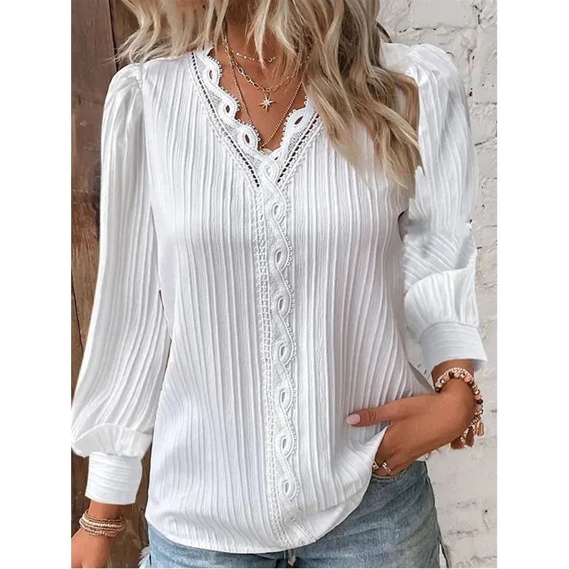 Autumn New Women Shirt Fashion Women Long Sleeve V-Neck Casual Blouse Solid Color Lace Splice Elegant Blouse Tops