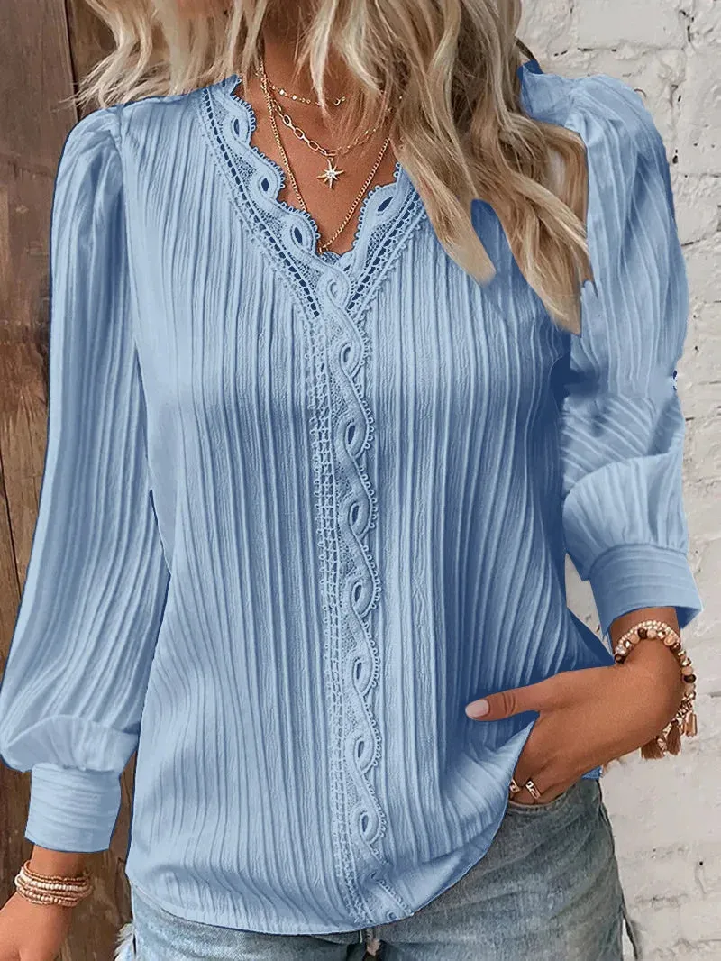 Autumn New Women Shirt Fashion Women Long Sleeve V-Neck Casual Blouse Solid Color Lace Splice Elegant Blouse Tops