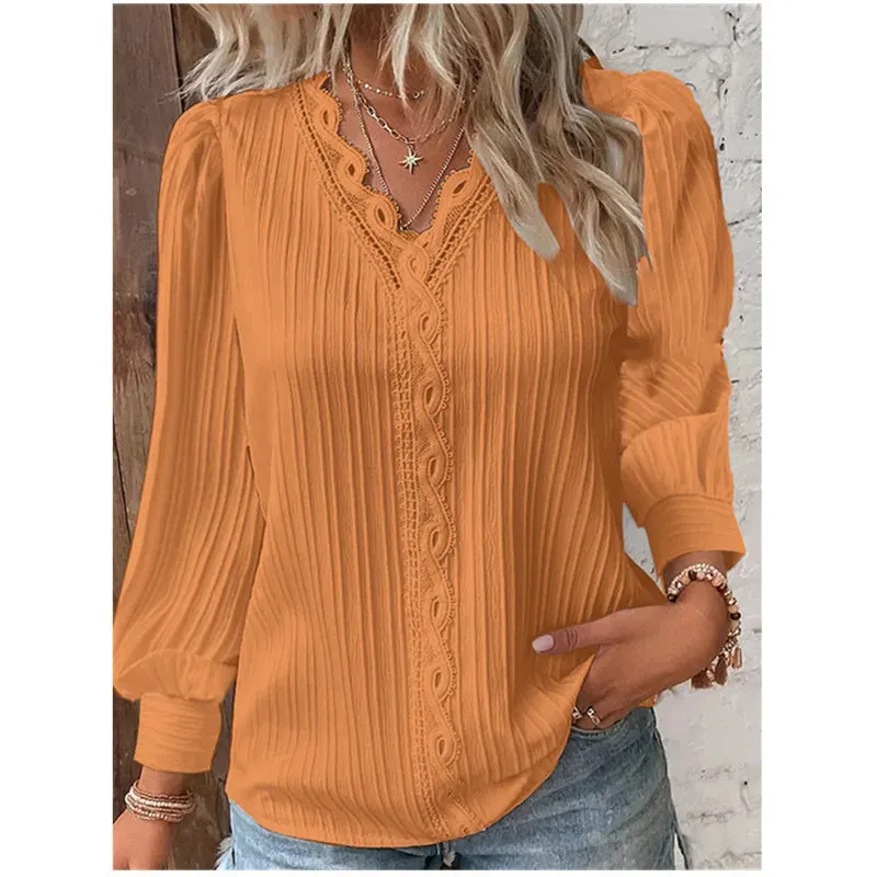 Autumn New Women Shirt Fashion Women Long Sleeve V-Neck Casual Blouse Solid Color Lace Splice Elegant Blouse Tops