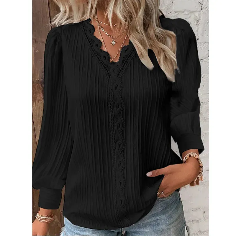 Autumn New Women Shirt Fashion Women Long Sleeve V-Neck Casual Blouse Solid Color Lace Splice Elegant Blouse Tops