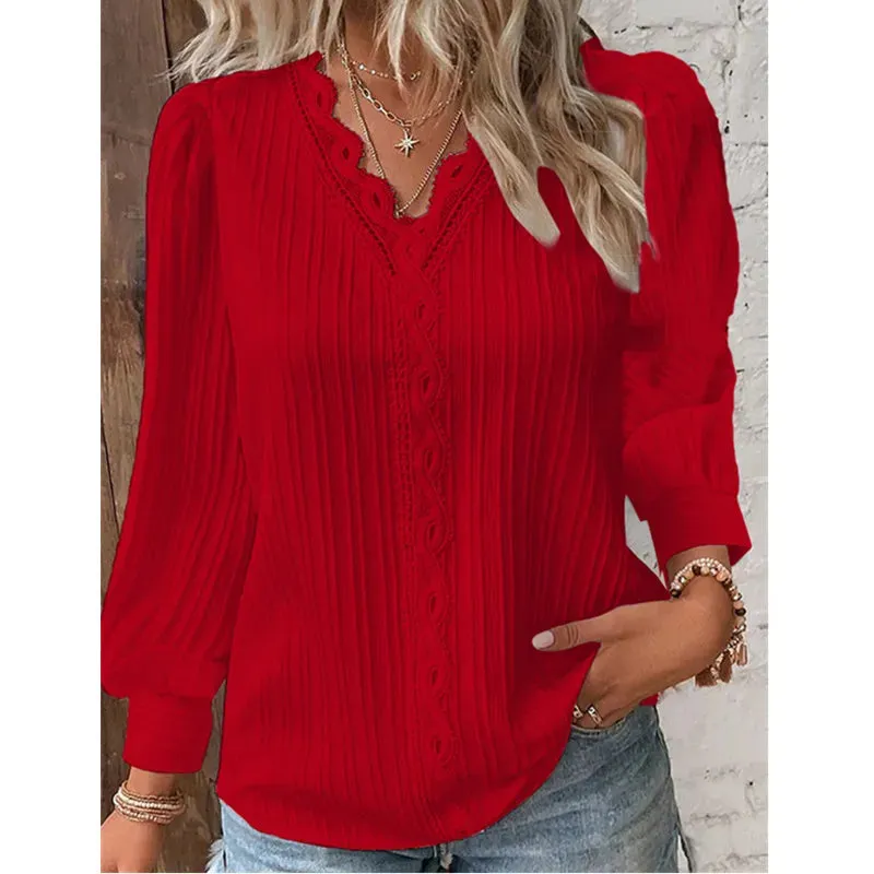 Autumn New Women Shirt Fashion Women Long Sleeve V-Neck Casual Blouse Solid Color Lace Splice Elegant Blouse Tops