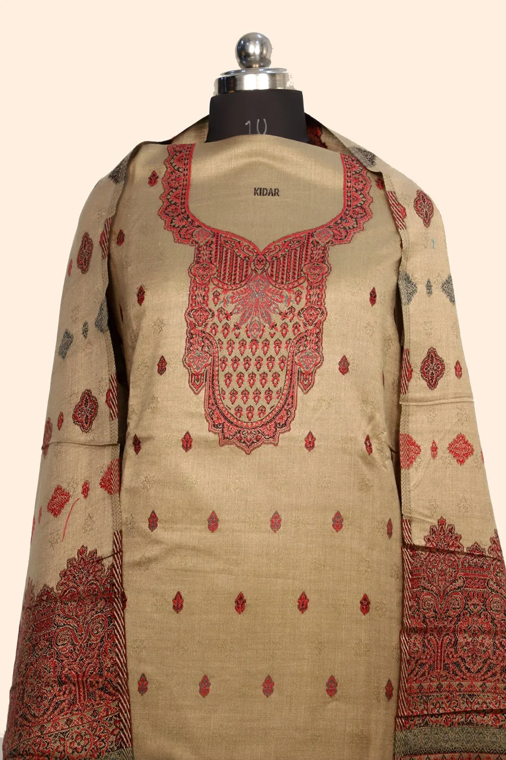 Beige Color Woolen Kashmiri Kani Work Unstitched Suit Fabric With Stole.