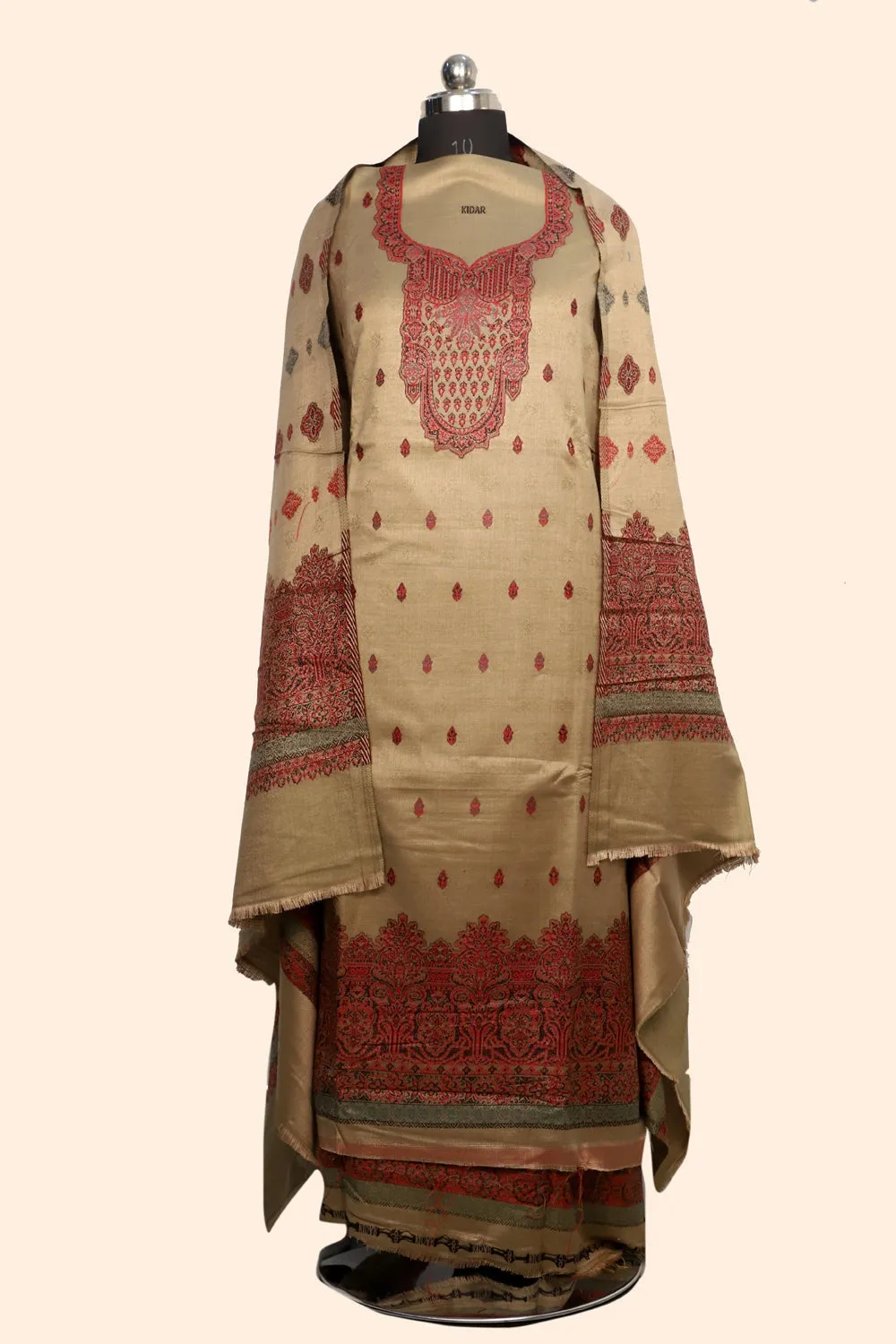 Beige Color Woolen Kashmiri Kani Work Unstitched Suit Fabric With Stole.
