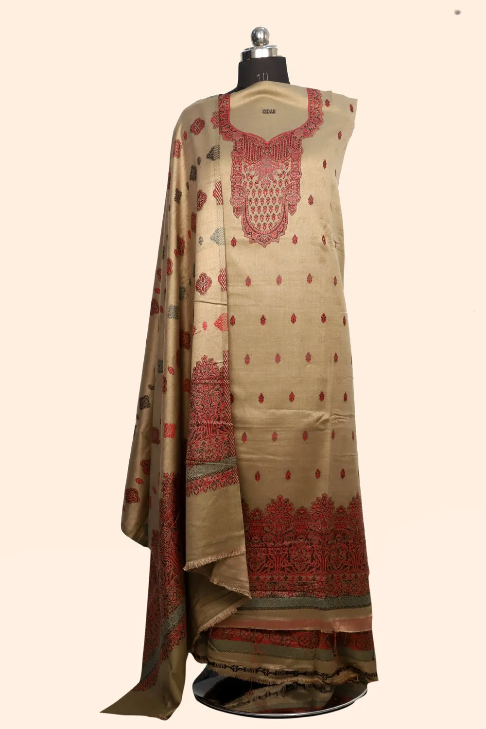 Beige Color Woolen Kashmiri Kani Work Unstitched Suit Fabric With Stole.