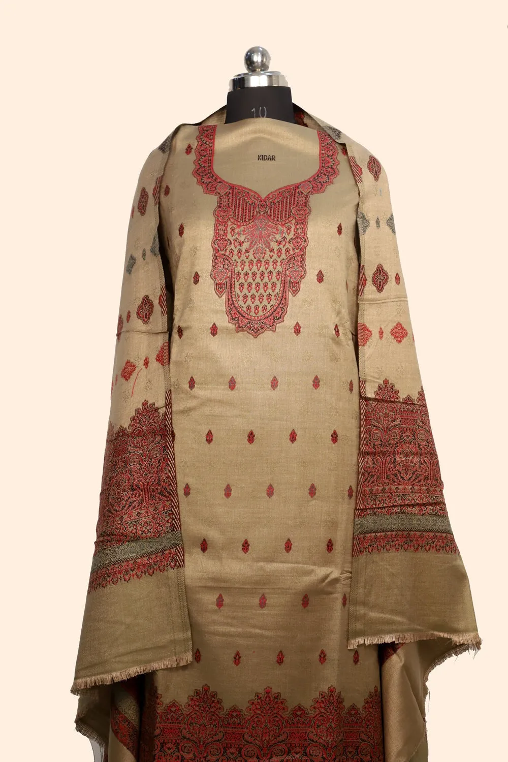 Beige Color Woolen Kashmiri Kani Work Unstitched Suit Fabric With Stole.