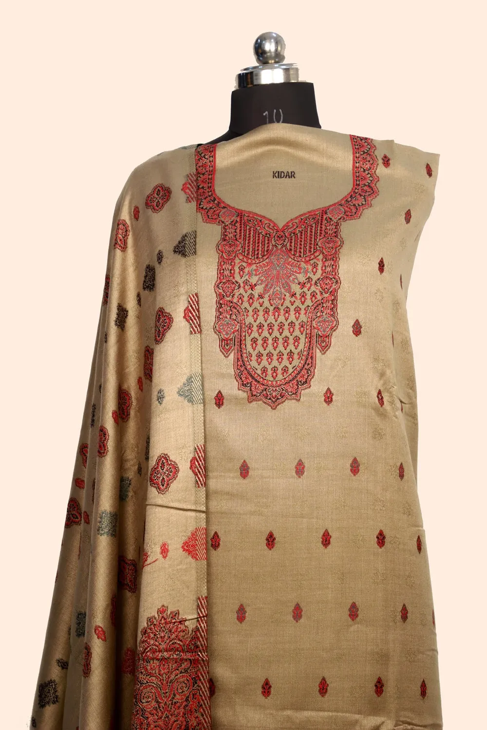 Beige Color Woolen Kashmiri Kani Work Unstitched Suit Fabric With Stole.