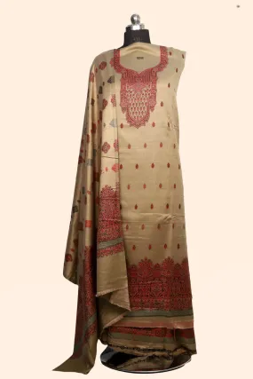 Beige Color Woolen Kashmiri Kani Work Unstitched Suit Fabric With Stole.
