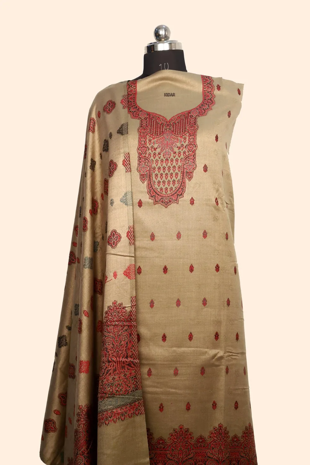 Beige Color Woolen Kashmiri Kani Work Unstitched Suit Fabric With Stole.