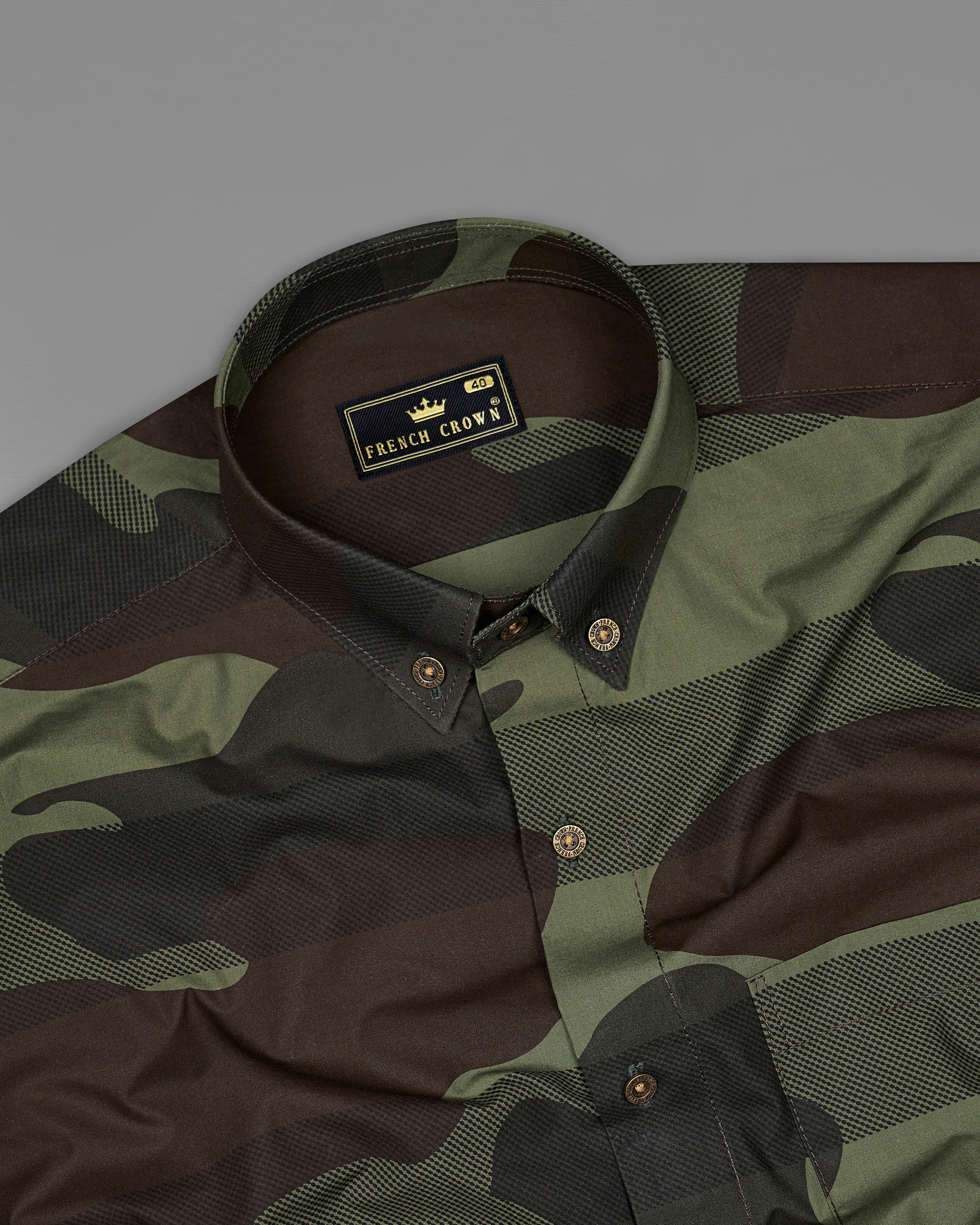 Birch Brown with Iridium Green Camouflage Printed Royal Oxford Shirt