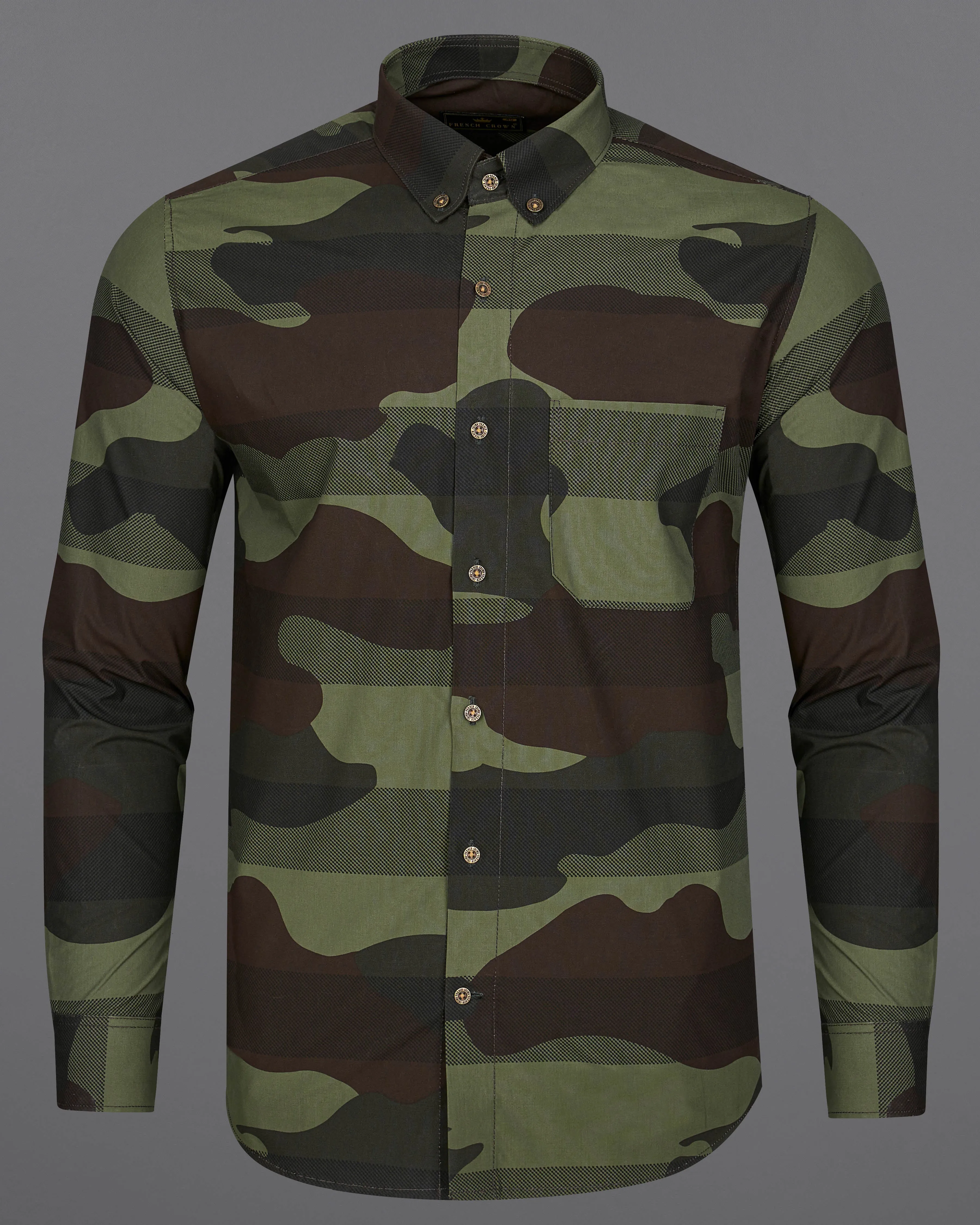 Birch Brown with Iridium Green Camouflage Printed Royal Oxford Shirt