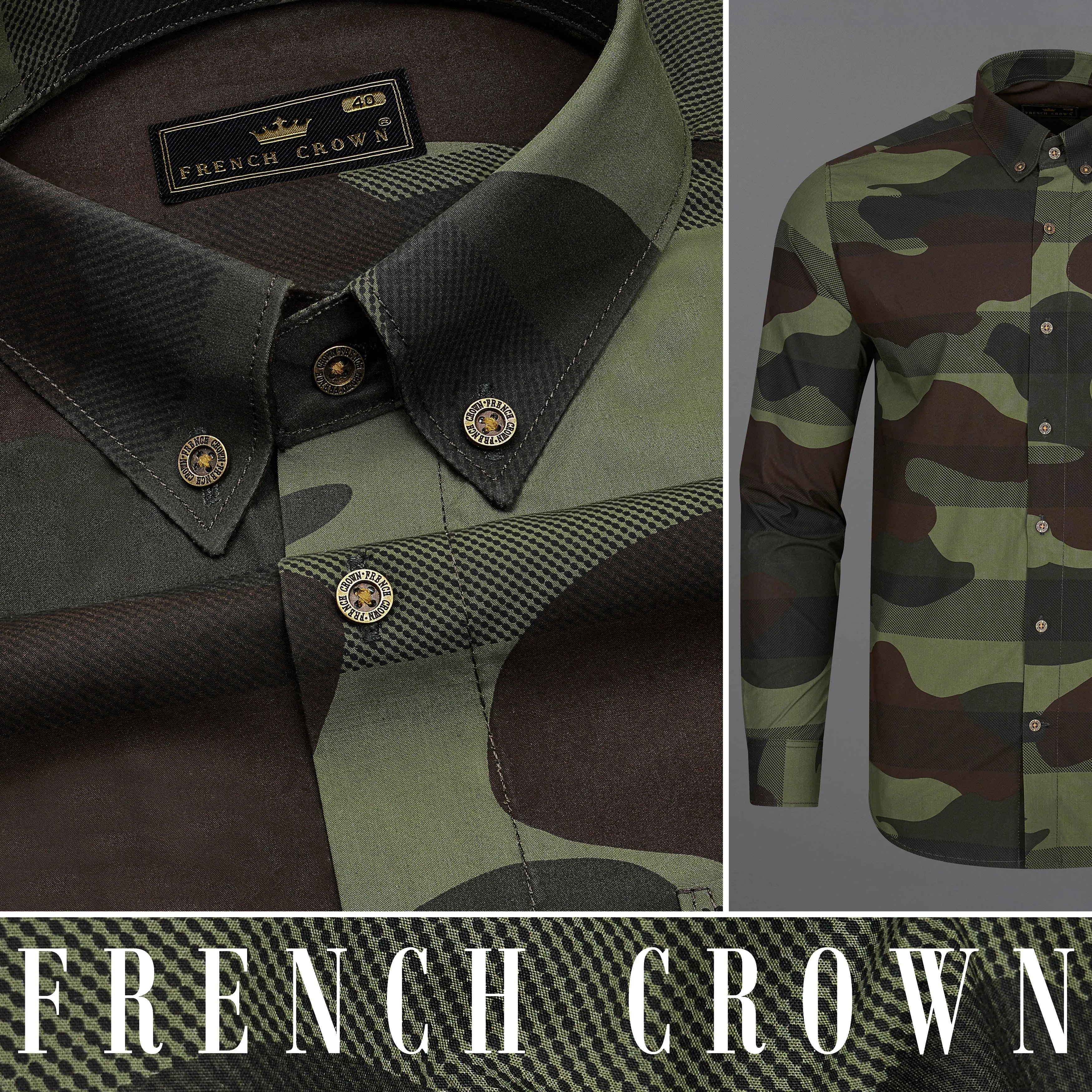 Birch Brown with Iridium Green Camouflage Printed Royal Oxford Shirt