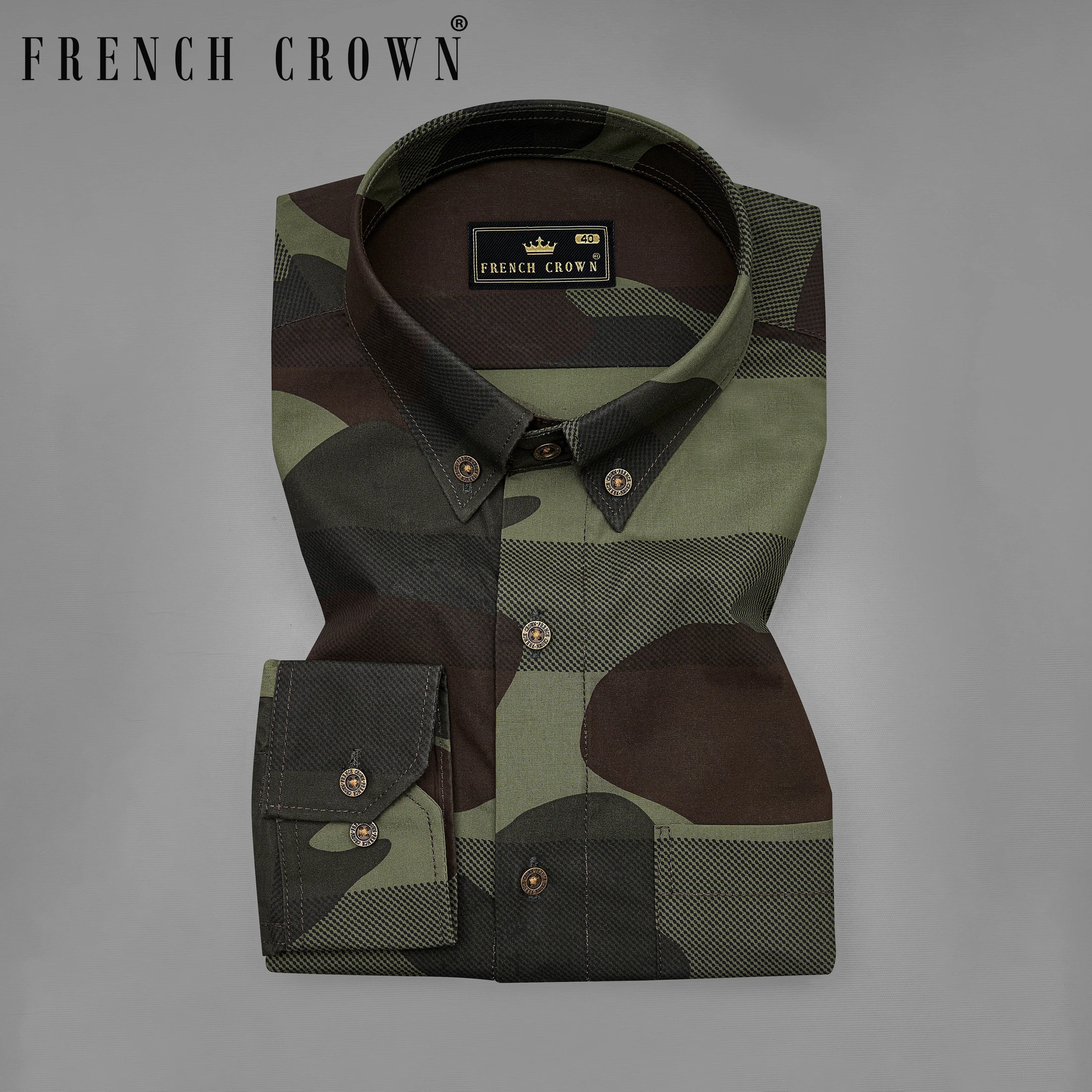 Birch Brown with Iridium Green Camouflage Printed Royal Oxford Shirt