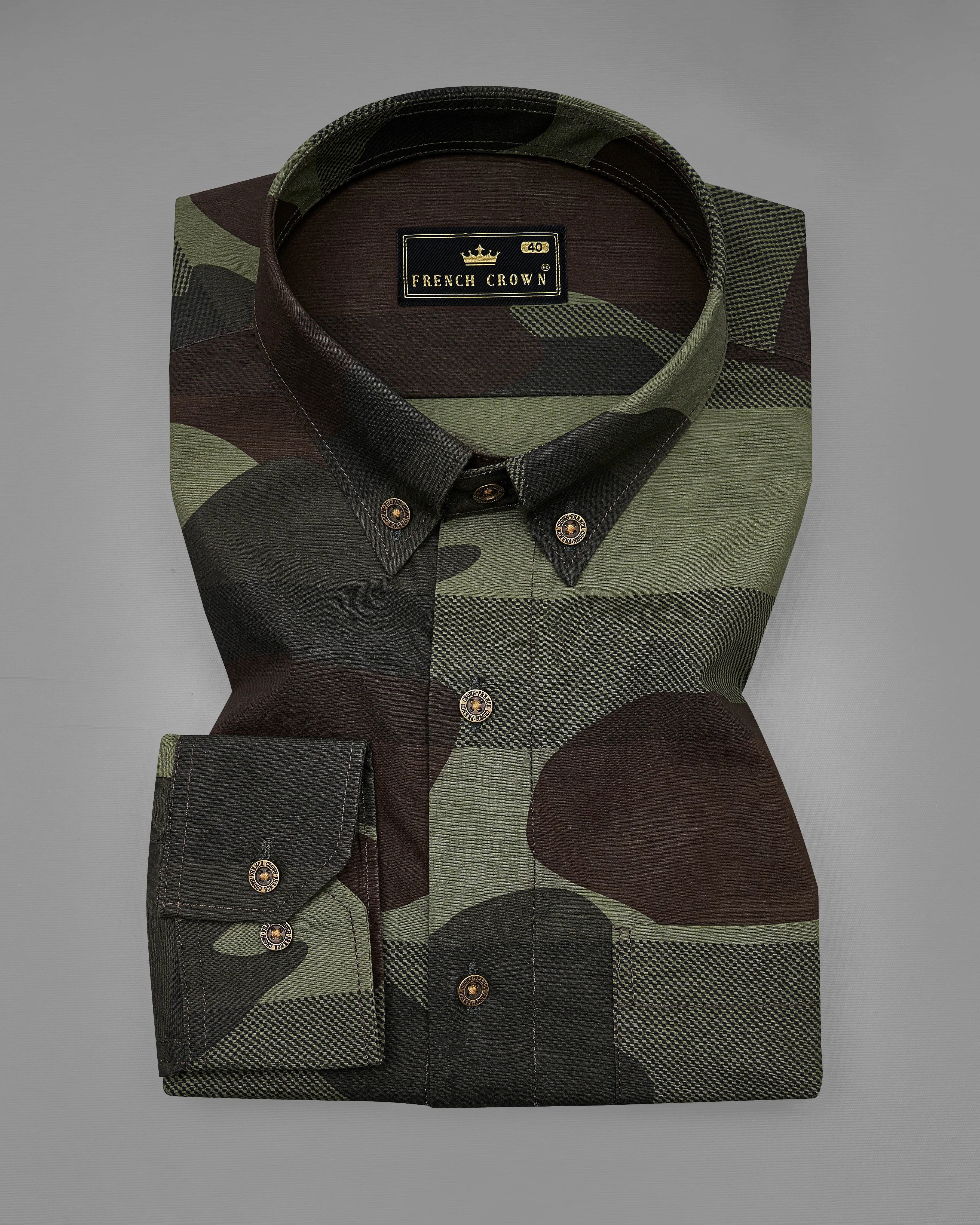 Birch Brown with Iridium Green Camouflage Printed Royal Oxford Shirt