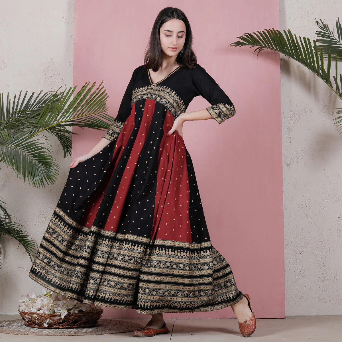 Black & Maroon Long Kalidaar Dress with Border Details