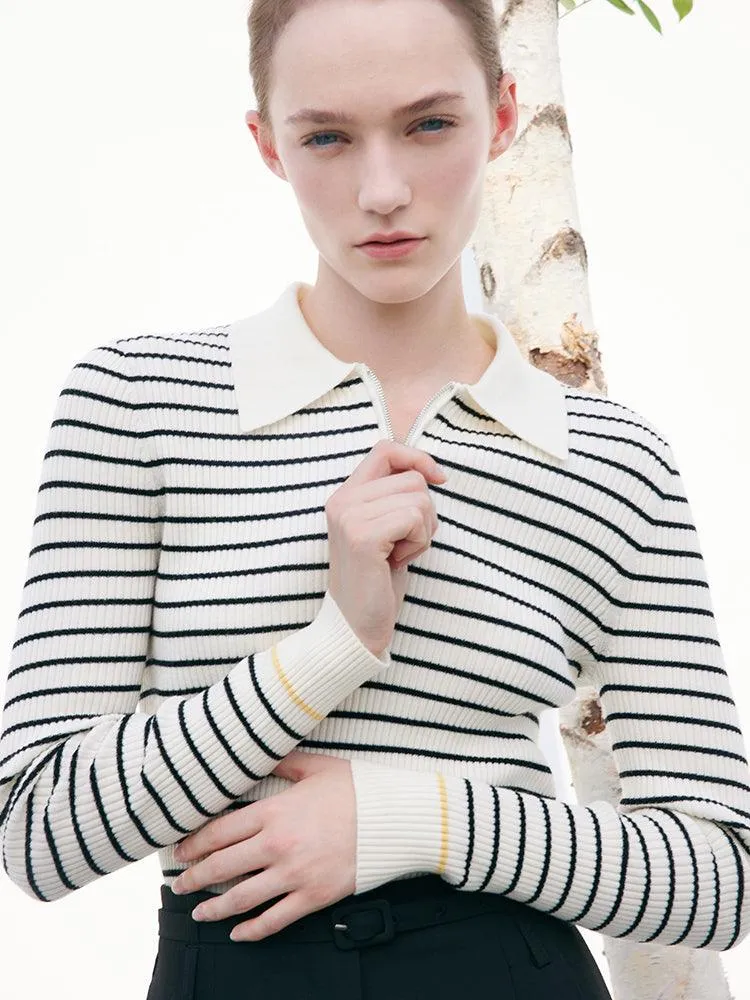 Black And White Striped Slim Woolen Jumper