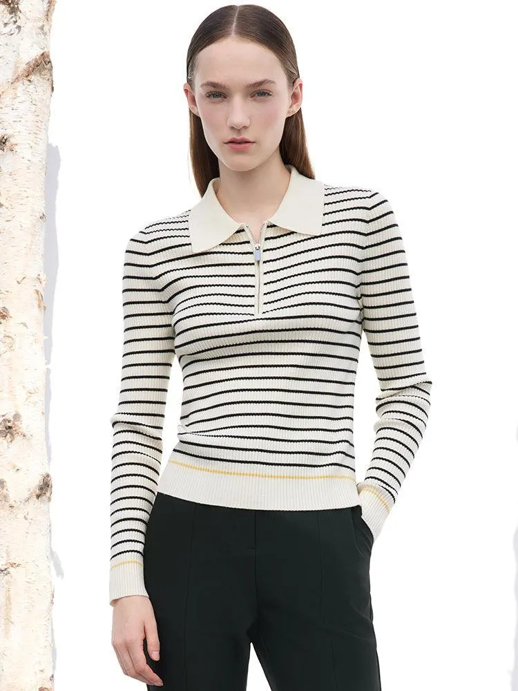Black And White Striped Slim Woolen Jumper
