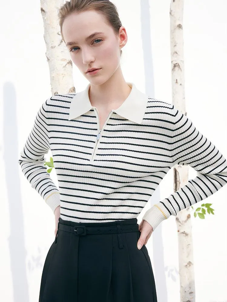 Black And White Striped Slim Woolen Jumper