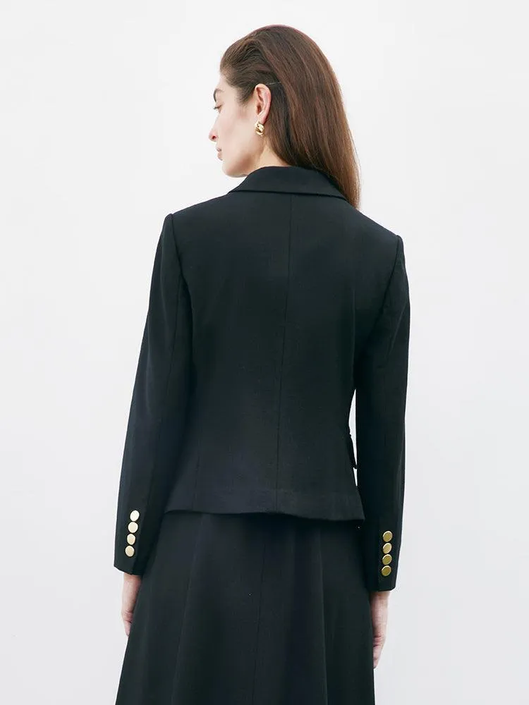 Black Worsted Woolen Crop Blazer