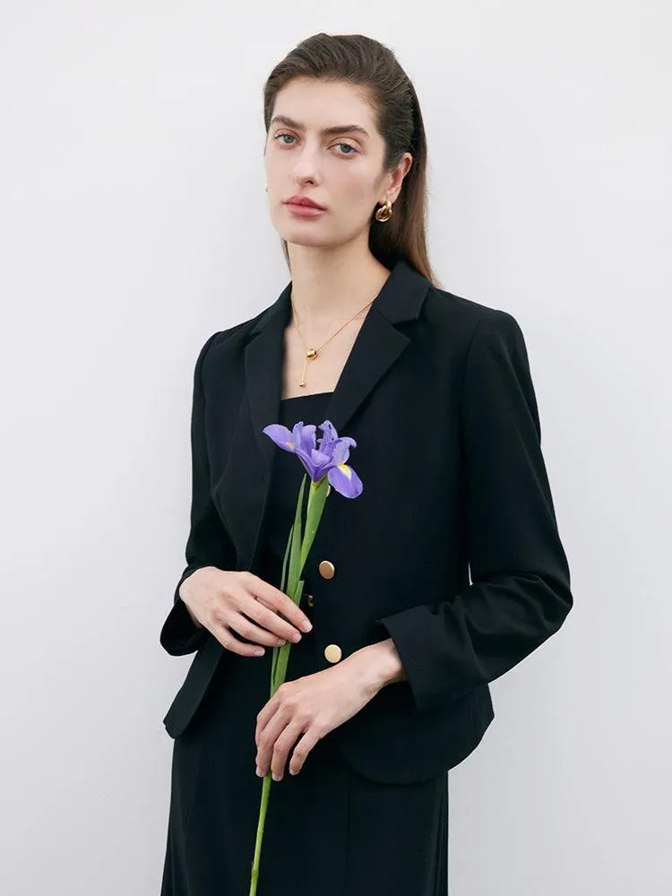 Black Worsted Woolen Crop Blazer
