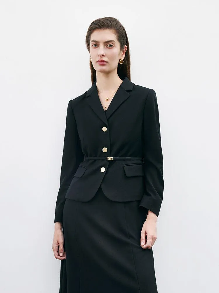 Black Worsted Woolen Crop Blazer