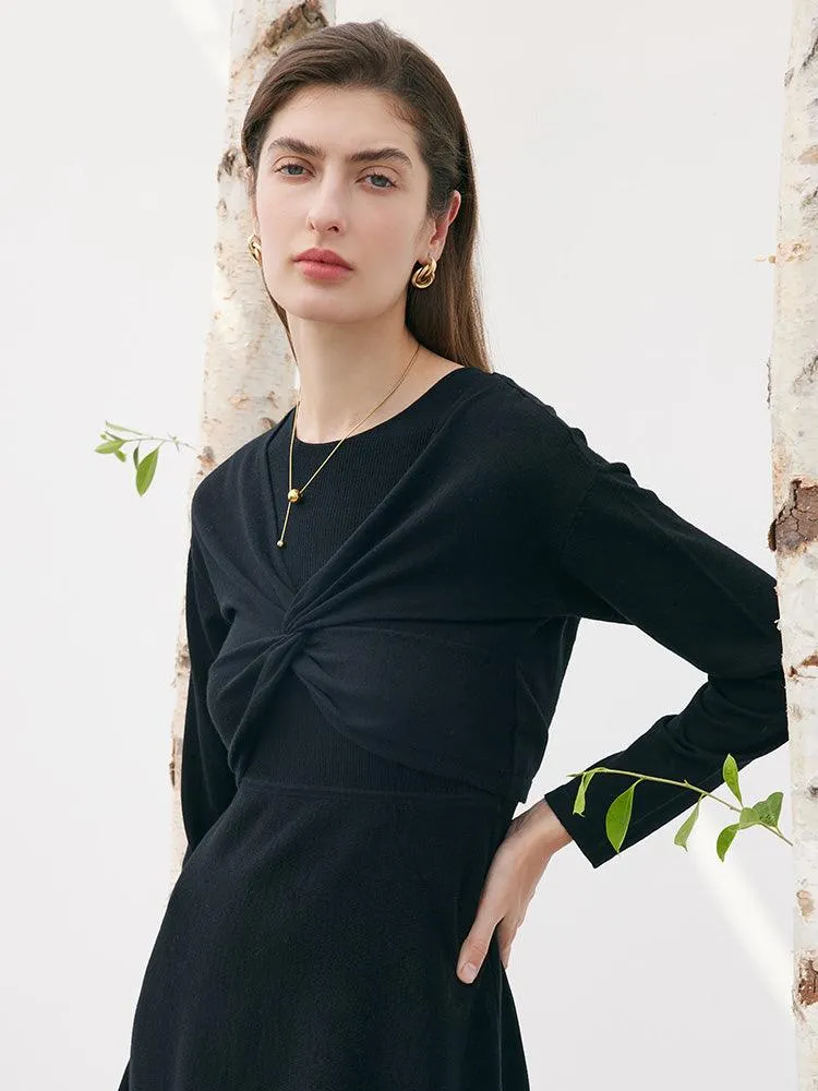 Black Worsted Woolen Two-piece Dress