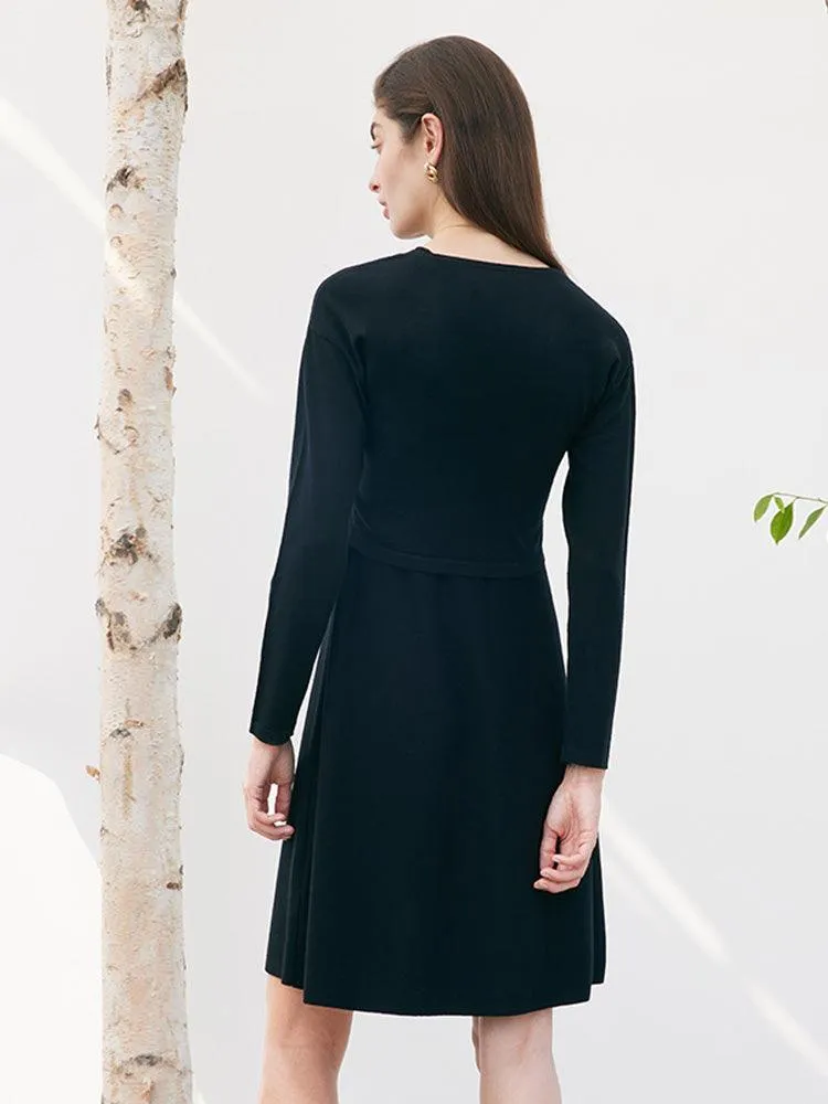 Black Worsted Woolen Two-piece Dress
