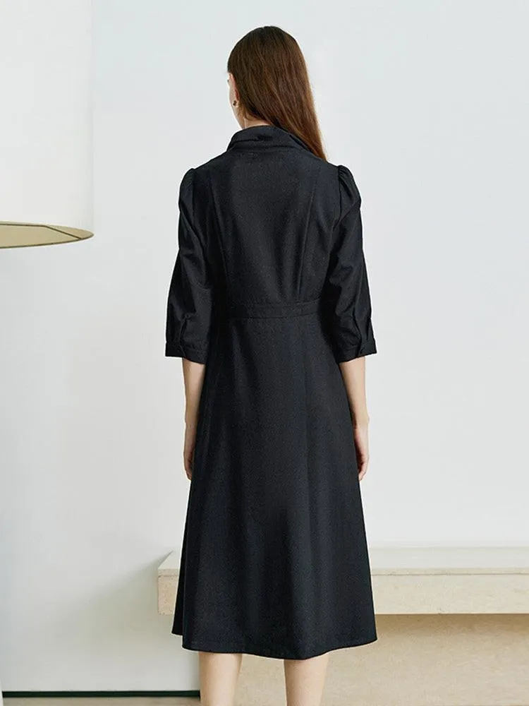 Black Wrosted Woolen Lapel Dress
