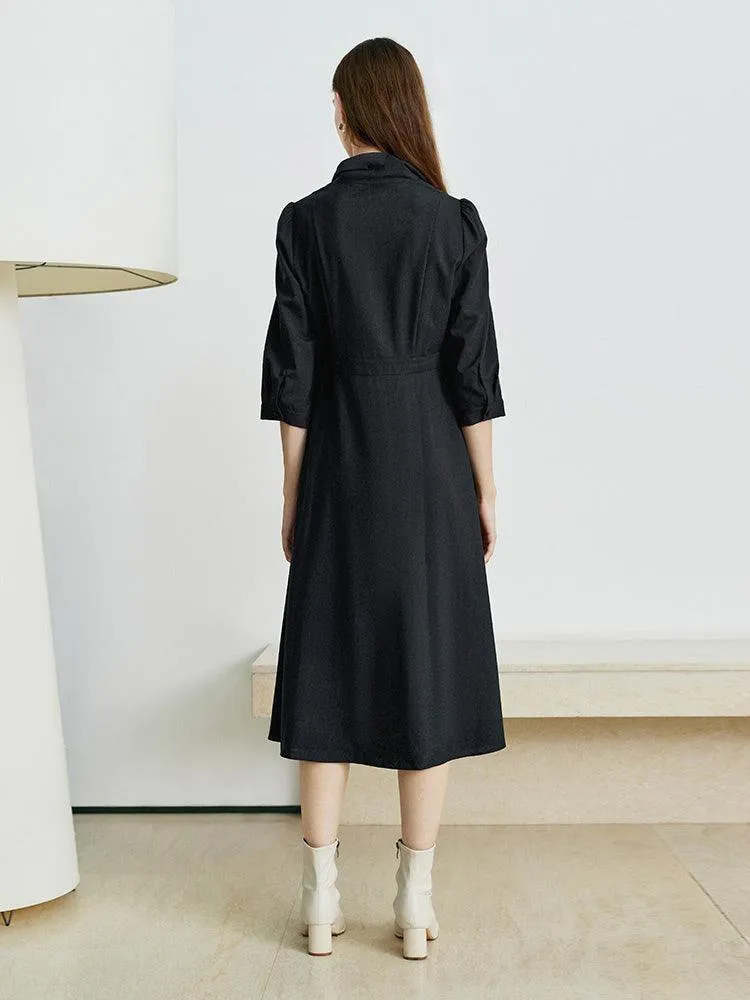Black Wrosted Woolen Lapel Dress