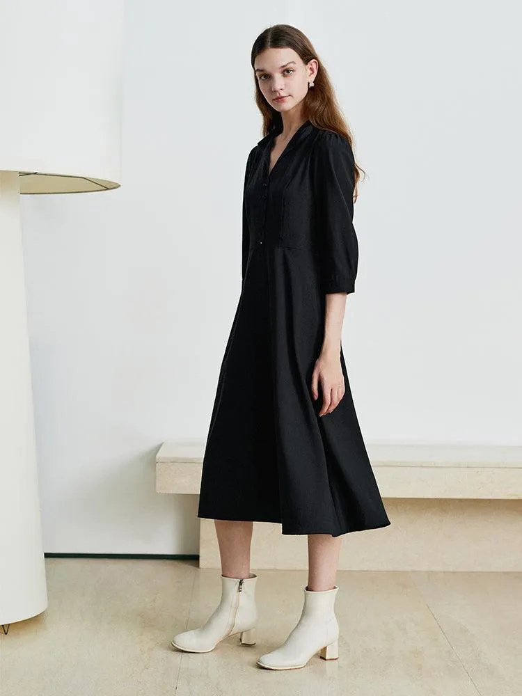 Black Wrosted Woolen Lapel Dress