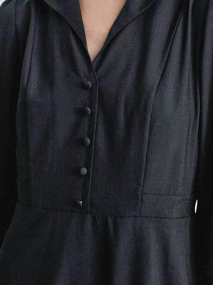 Black Wrosted Woolen Lapel Dress
