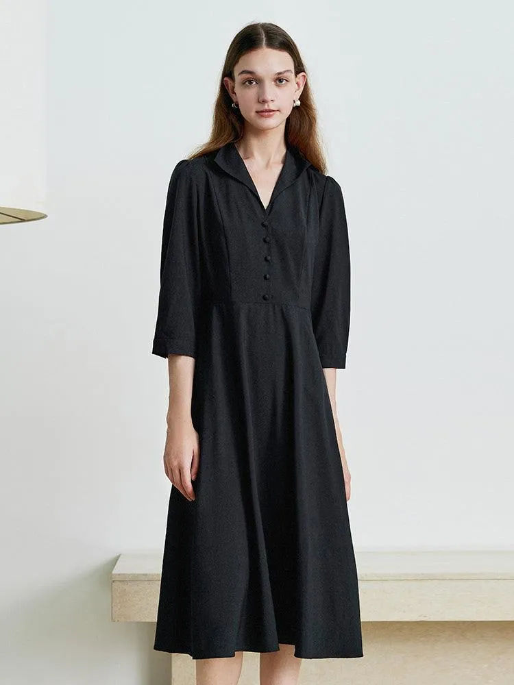 Black Wrosted Woolen Lapel Dress
