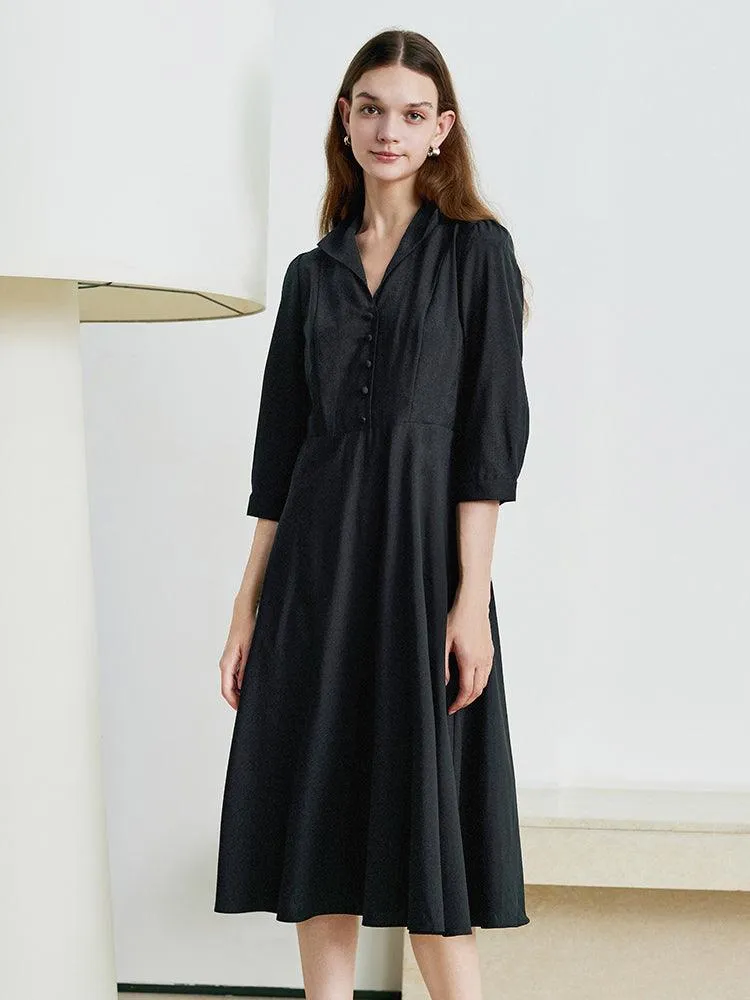 Black Wrosted Woolen Lapel Dress
