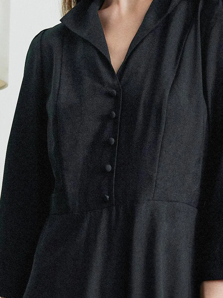 Black Wrosted Woolen Lapel Dress