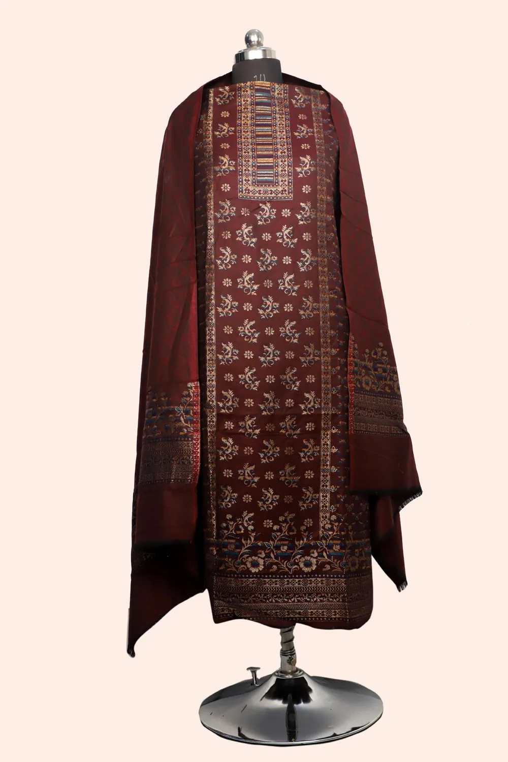 Brown Color Woolen Kashmiri Kani Work Unstitched Suit Fabric With Stole.