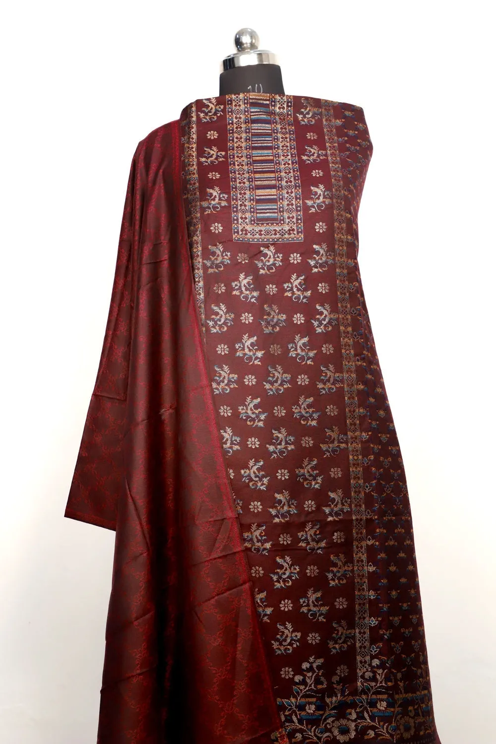 Brown Color Woolen Kashmiri Kani Work Unstitched Suit Fabric With Stole.