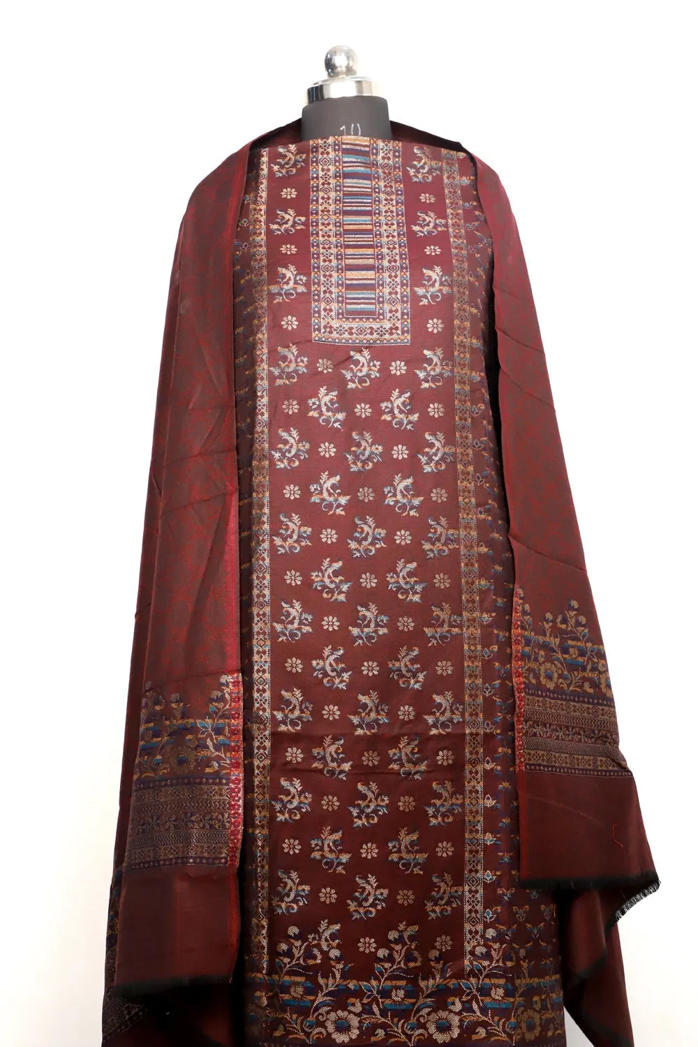 Brown Color Woolen Kashmiri Kani Work Unstitched Suit Fabric With Stole.