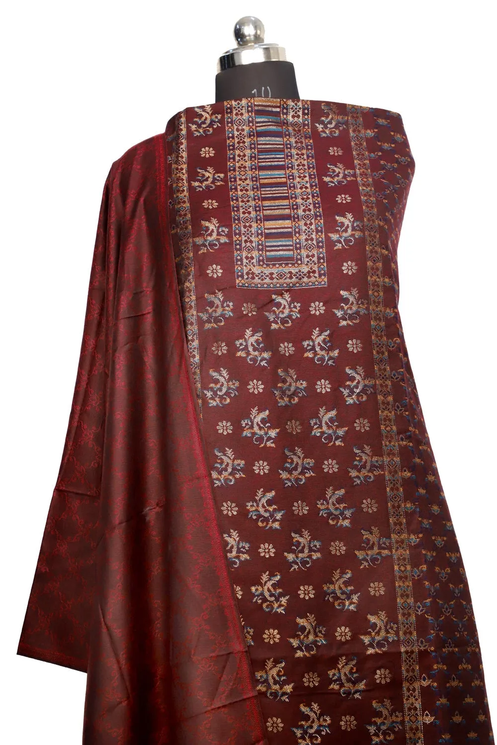 Brown Color Woolen Kashmiri Kani Work Unstitched Suit Fabric With Stole.