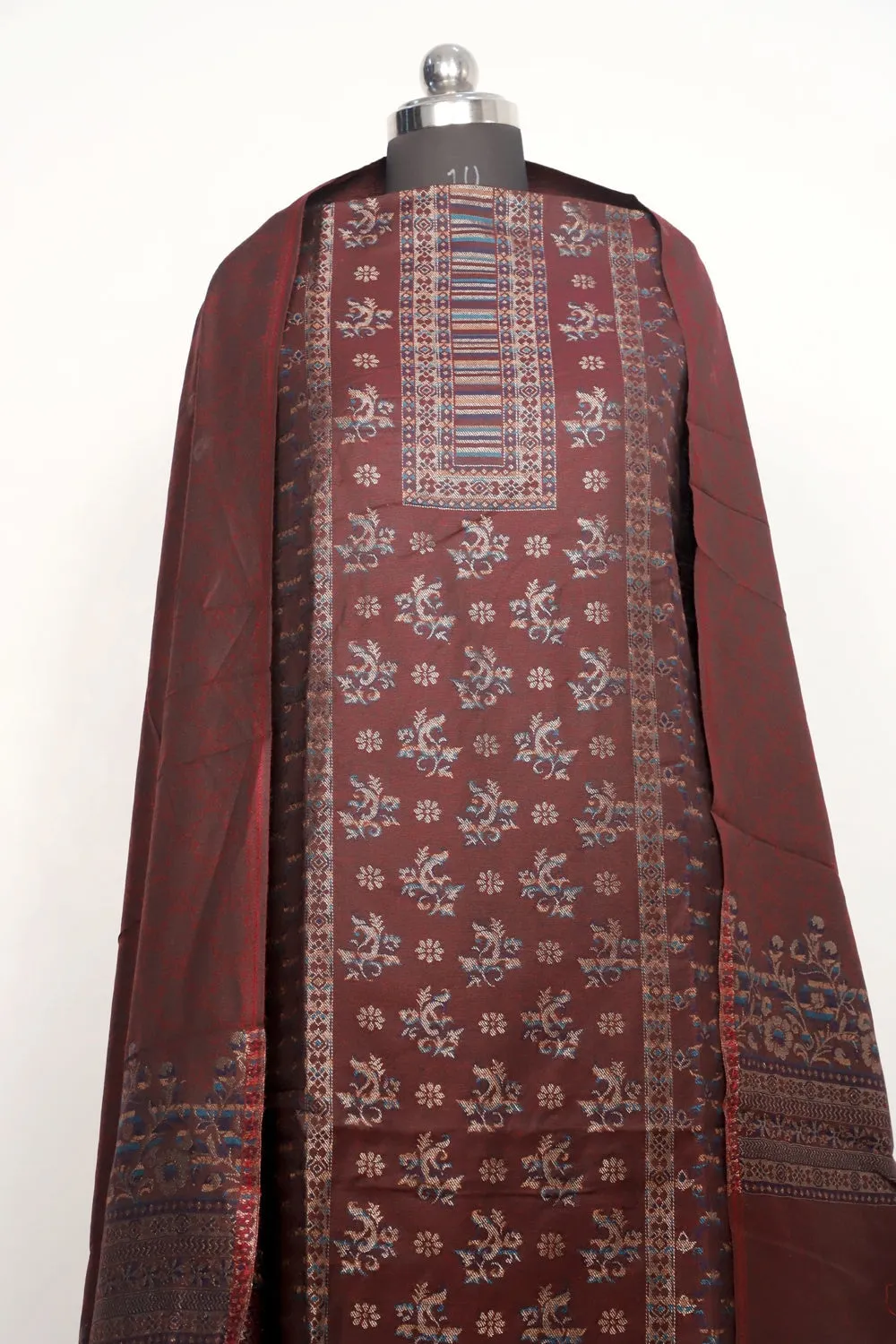 Brown Color Woolen Kashmiri Kani Work Unstitched Suit Fabric With Stole.