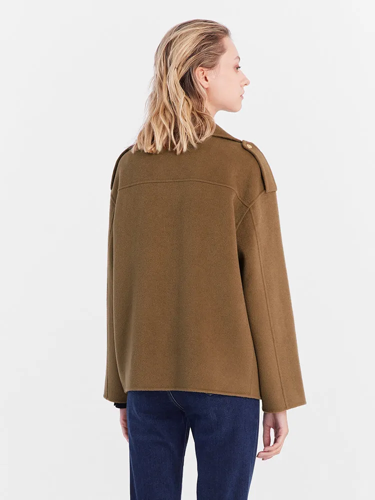 Brown Woolen Lapel Crop Women Coat