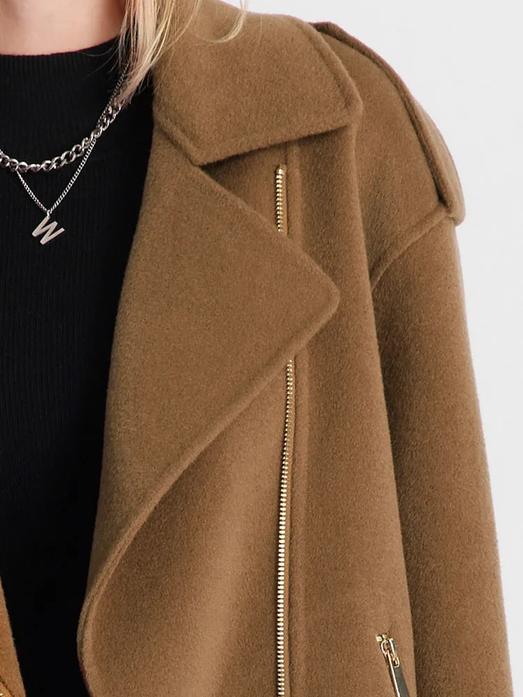 Brown Woolen Lapel Crop Women Coat