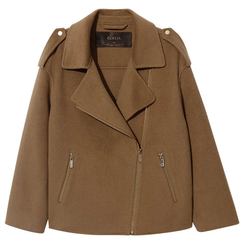 Brown Woolen Lapel Crop Women Coat