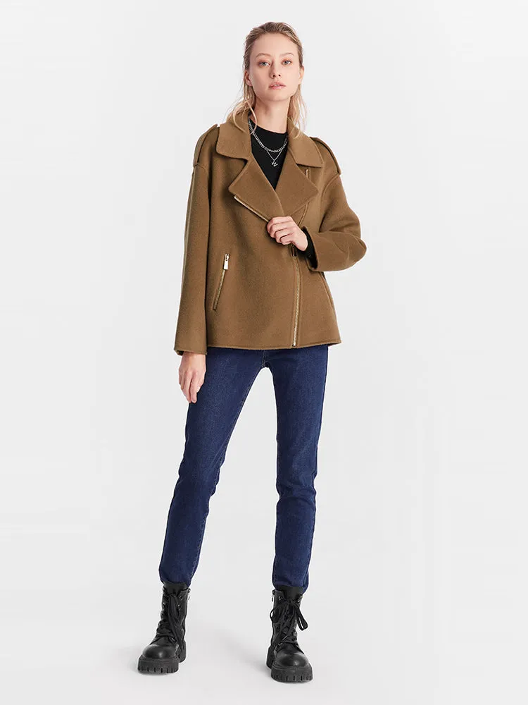 Brown Woolen Lapel Crop Women Coat